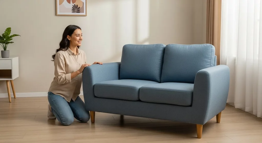 A blue loveseat sits in a living room, sunlight illuminating it.