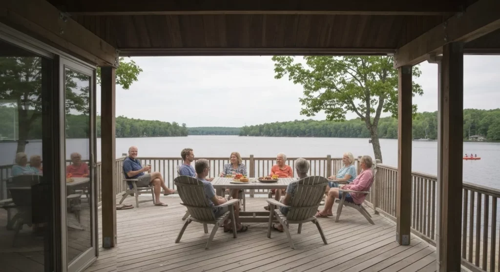 A multigenerational family enjoys a relaxing vacation at a lake house, engaging in various activities like swimming, canoeing, and cooking together.