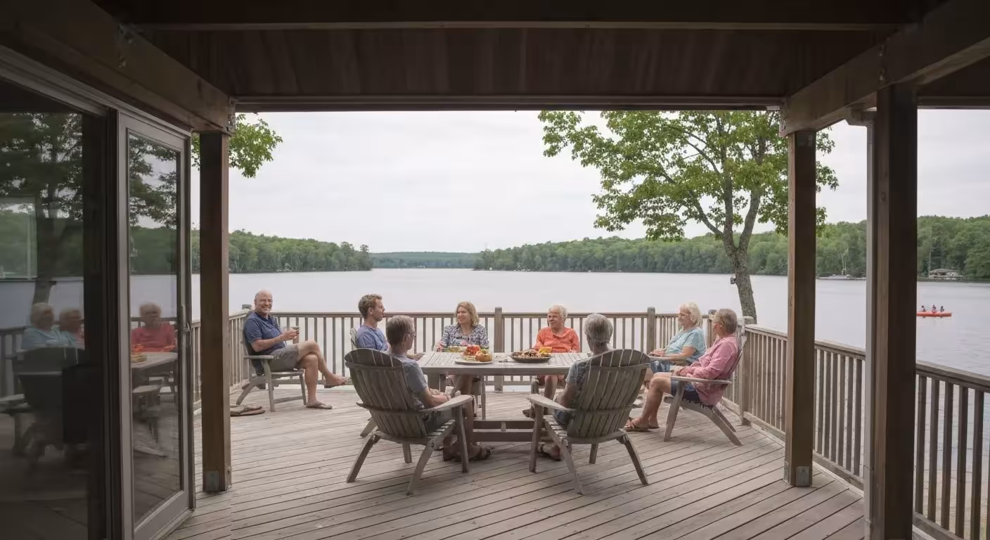 A multigenerational family enjoys a relaxing vacation at a lake house, engaging in various activities like swimming, canoeing, and cooking together.