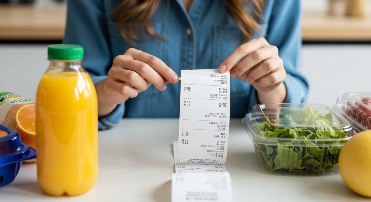 A woman carefully compares price tags on various grocery items while holding a detailed grocery list.