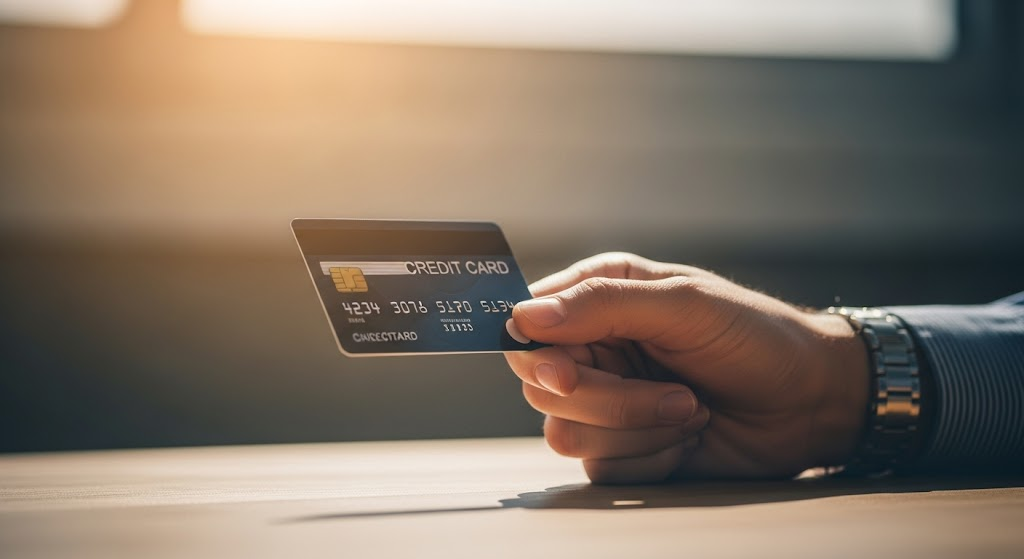 A close-up image of a hand holding a credit card, emphasizing the card's details. The blurred background suggests financial empowerment and security related to credit card loans.