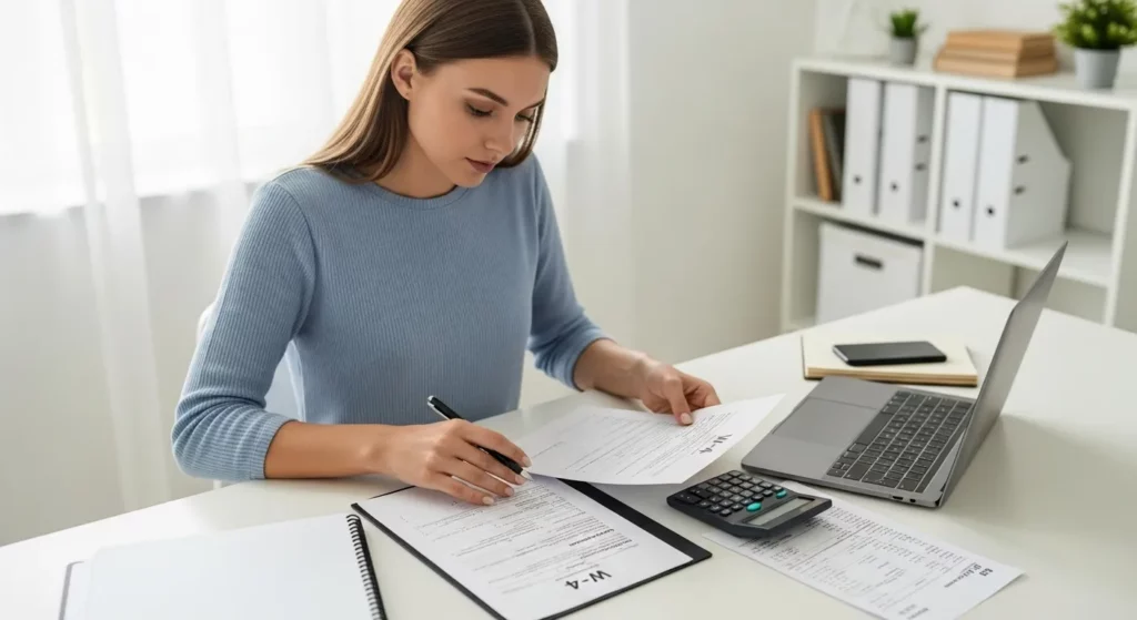 A person sits at a desk working on tax documents, including a W-4 form, with a calculator and laptop also present.