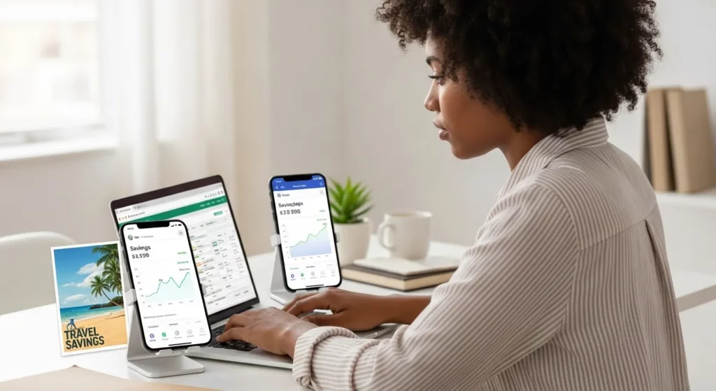 A person working on a laptop with a smartphone showing an online banking app displaying automated savings transfers and a nearby image representing a savings goal.