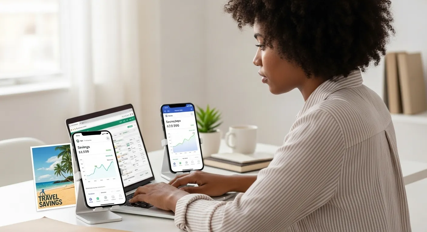 A person working on a laptop with a smartphone showing an online banking app displaying automated savings transfers and a nearby image representing a savings goal.
