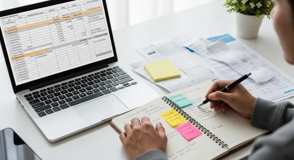 A person sits at a desk, reviewing financial documents and using a laptop and a notebook to track income and expenses.