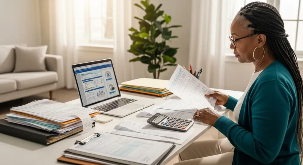 A senior citizen sits at a desk reviewing tax documents and using a calculator and laptop.
