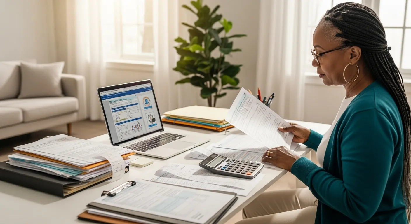A senior citizen sits at a desk reviewing tax documents and using a calculator and laptop.