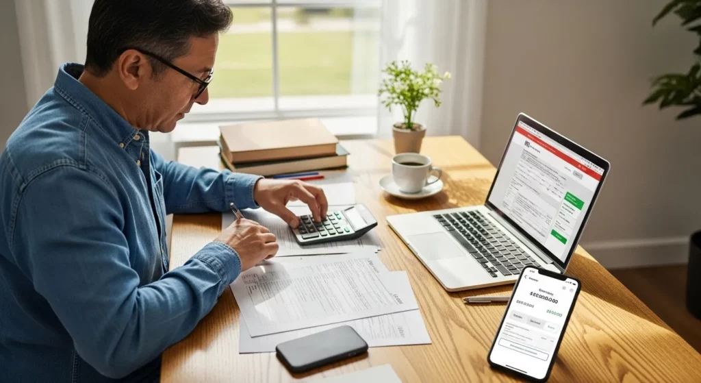 A person sits at a desk working on their taxes using a laptop, surrounded by tax documents and a calculator.