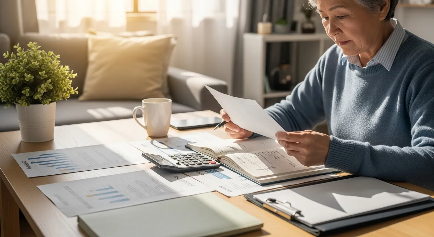 A senior person sits at a table reviewing financial documents, a calculator, and a notebook, with a mug of tea beside them.