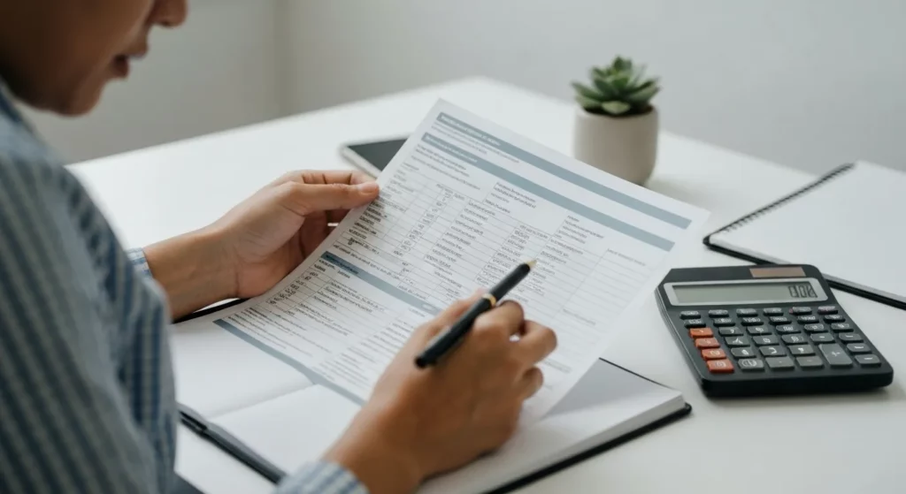 A person sits at a desk, reviewing several financial documents and a computer screen displaying a credit report.