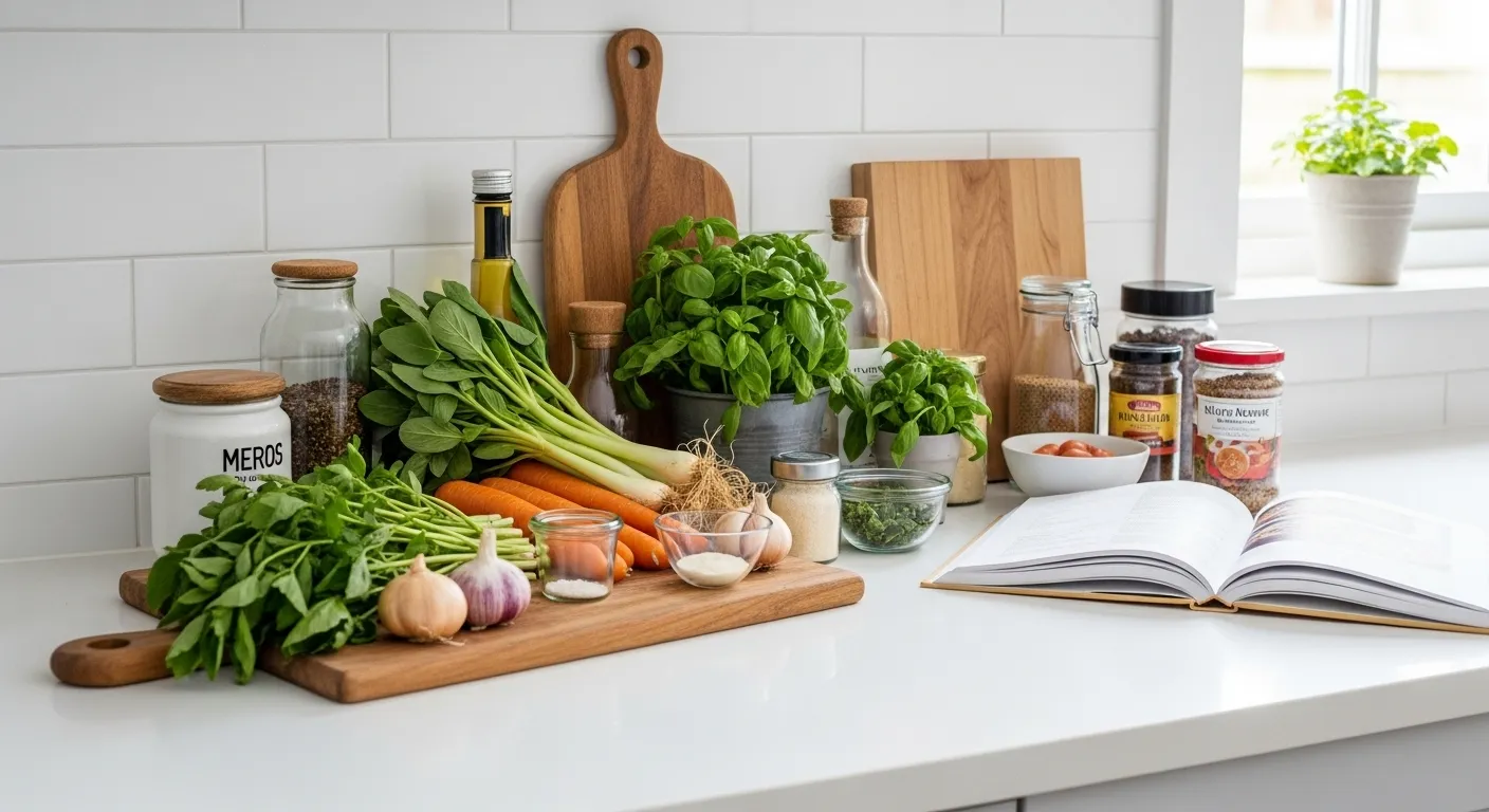 A kitchen counter with neatly arranged fresh produce, pantry staples, and an open cookbook.