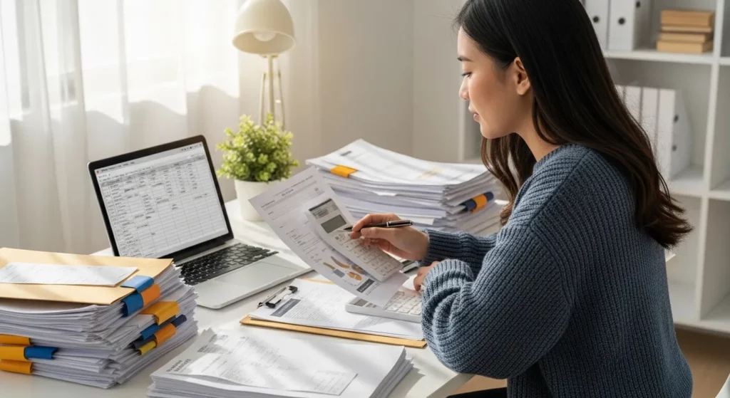 A person sits at a desk reviewing financial documents, a laptop displaying a spreadsheet, and a stack of papers nearby.