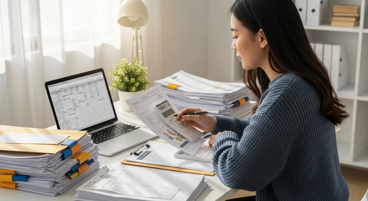 A person sits at a desk reviewing financial documents, a laptop displaying a spreadsheet, and a stack of papers nearby.