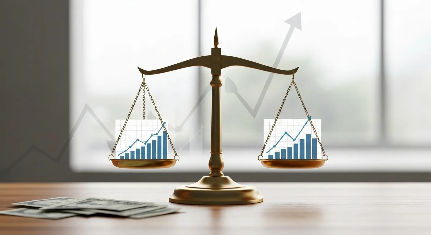 A stylized depiction of a balanced scale with graphs representing maximum employment and stable prices, set against a background with subtle indicators of economic activity.