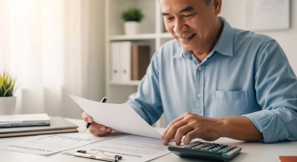 A senior person sits at a desk reviewing paperwork related to mortgage refinancing, with a calculator and financial documents visible.