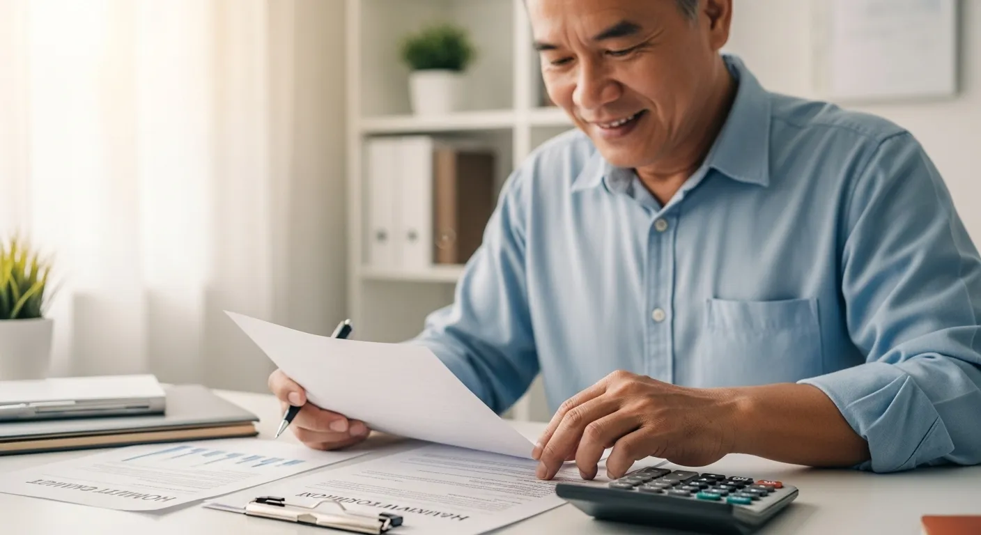 A senior person sits at a desk reviewing paperwork related to mortgage refinancing, with a calculator and financial documents visible.