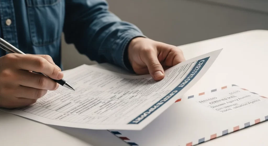 A person sits at a desk, reviewing documents and writing a letter, with credit reports and a pen visible.