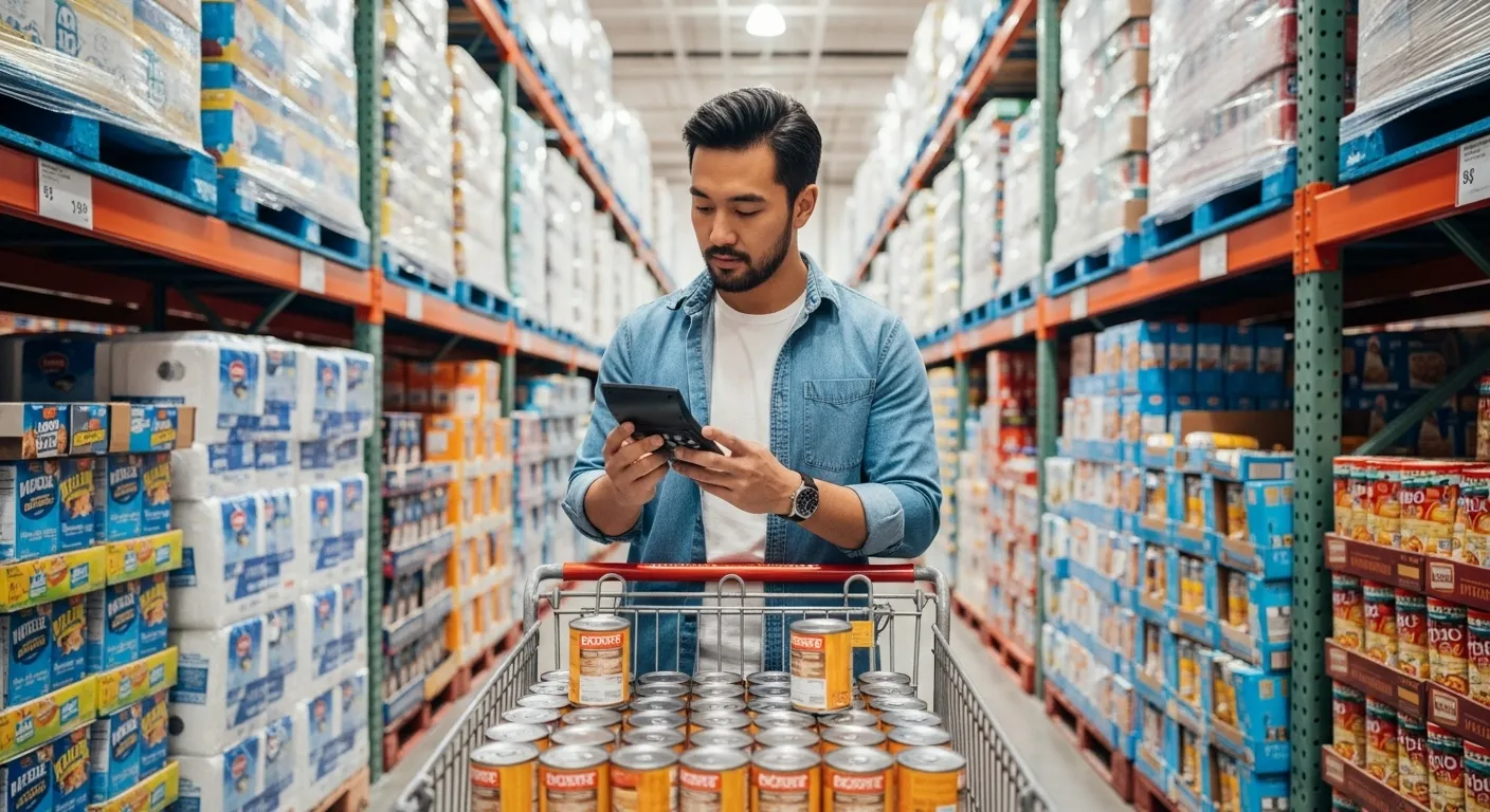 A person with a shopping cart in a large warehouse club, checking a list and comparing prices on items.