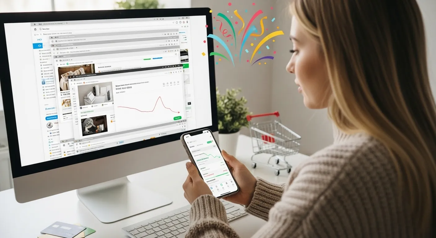 A person using a computer and smartphone to compare online prices and track deals.