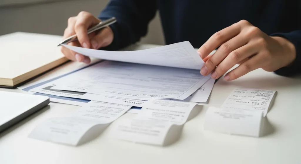 A person sits at a table, surrounded by organized financial documents, a calculator, and a notebook, thoughtfully reviewing their expenses.