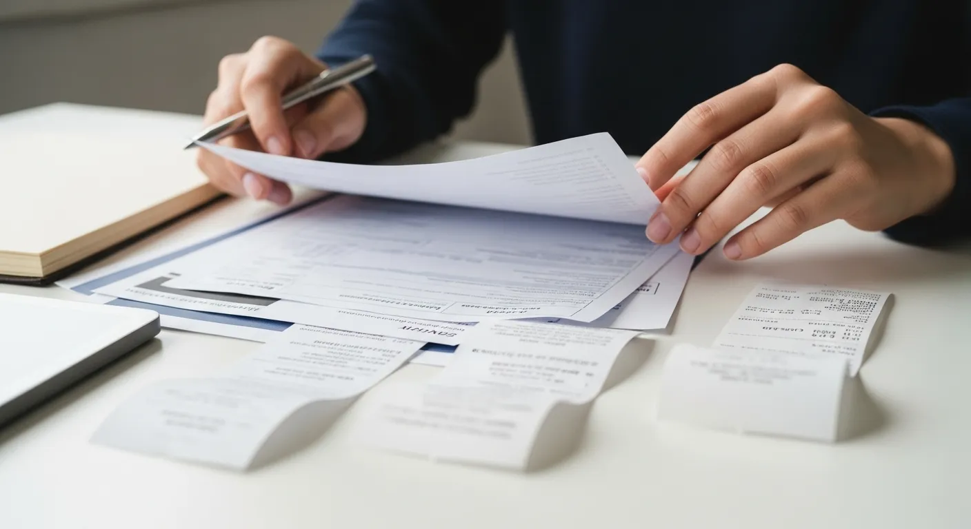 A person sits at a table, surrounded by organized financial documents, a calculator, and a notebook, thoughtfully reviewing their expenses.