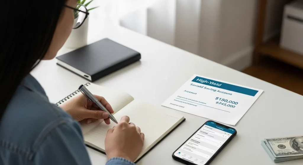 A person sits at a desk with a notebook, pen, bank statement, and smartphone.