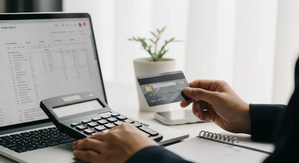A close-up shot of a person's hand holding a credit card and a calculator, with a laptop displaying a credit score in the background.