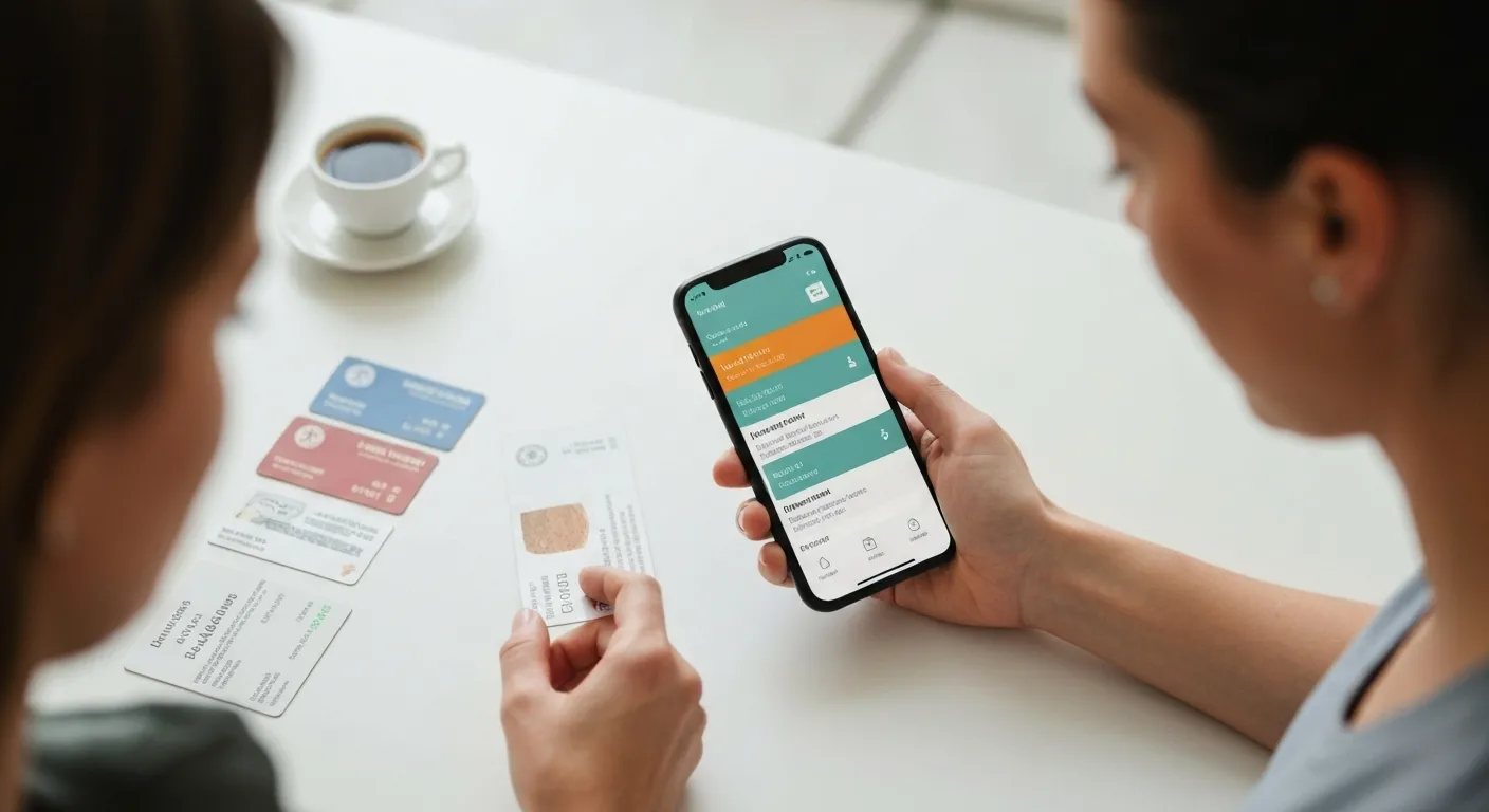 A person using a smartphone app to manage loyalty program points, with loyalty cards and receipts visible nearby.