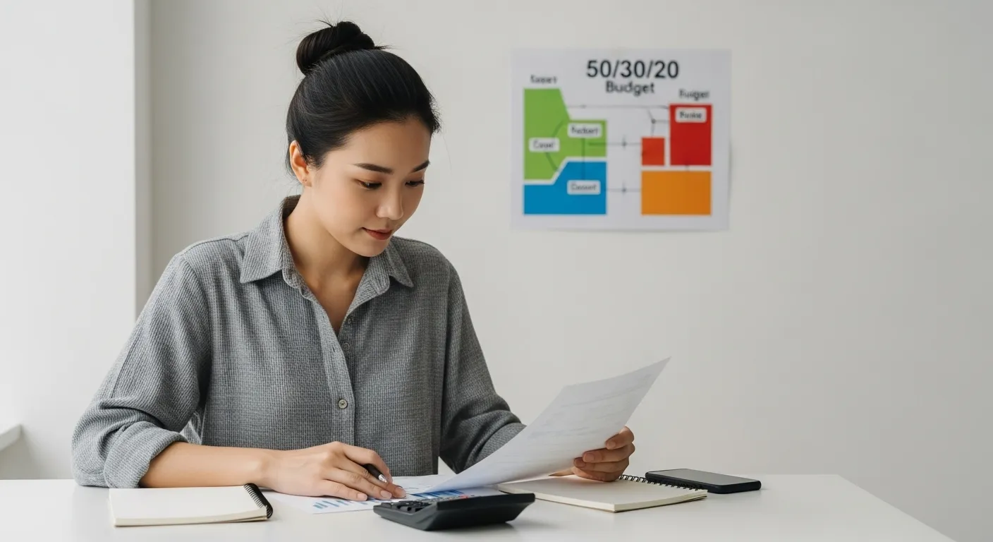 A person sits at a table reviewing financial documents, a calculator, and a notebook with a chart depicting a budget breakdown.