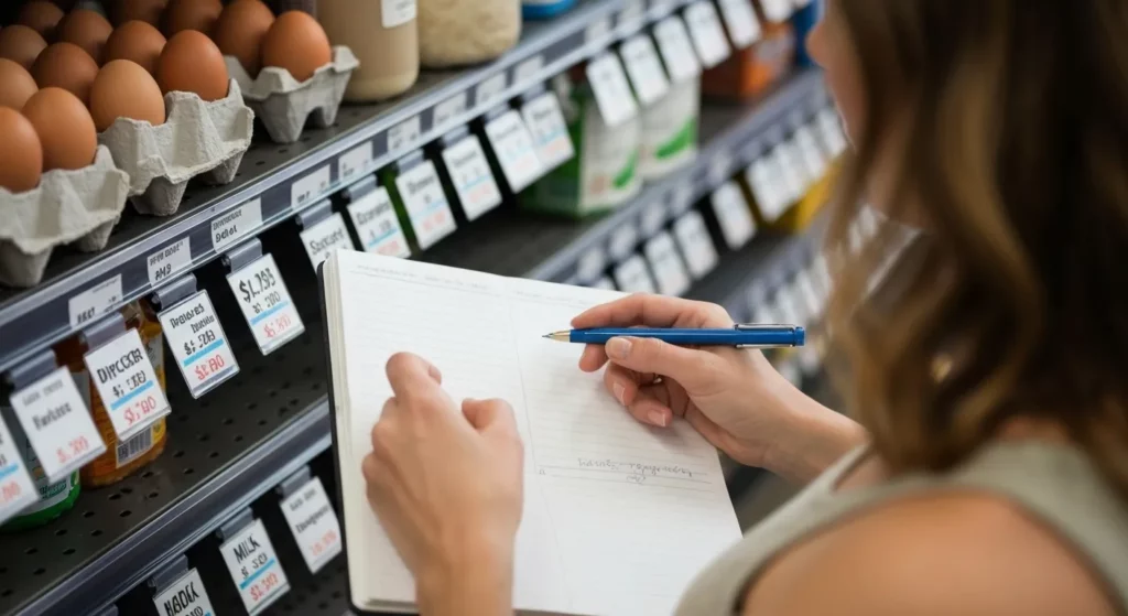 A woman compares prices of groceries in a notebook while shopping at a discount supermarket.