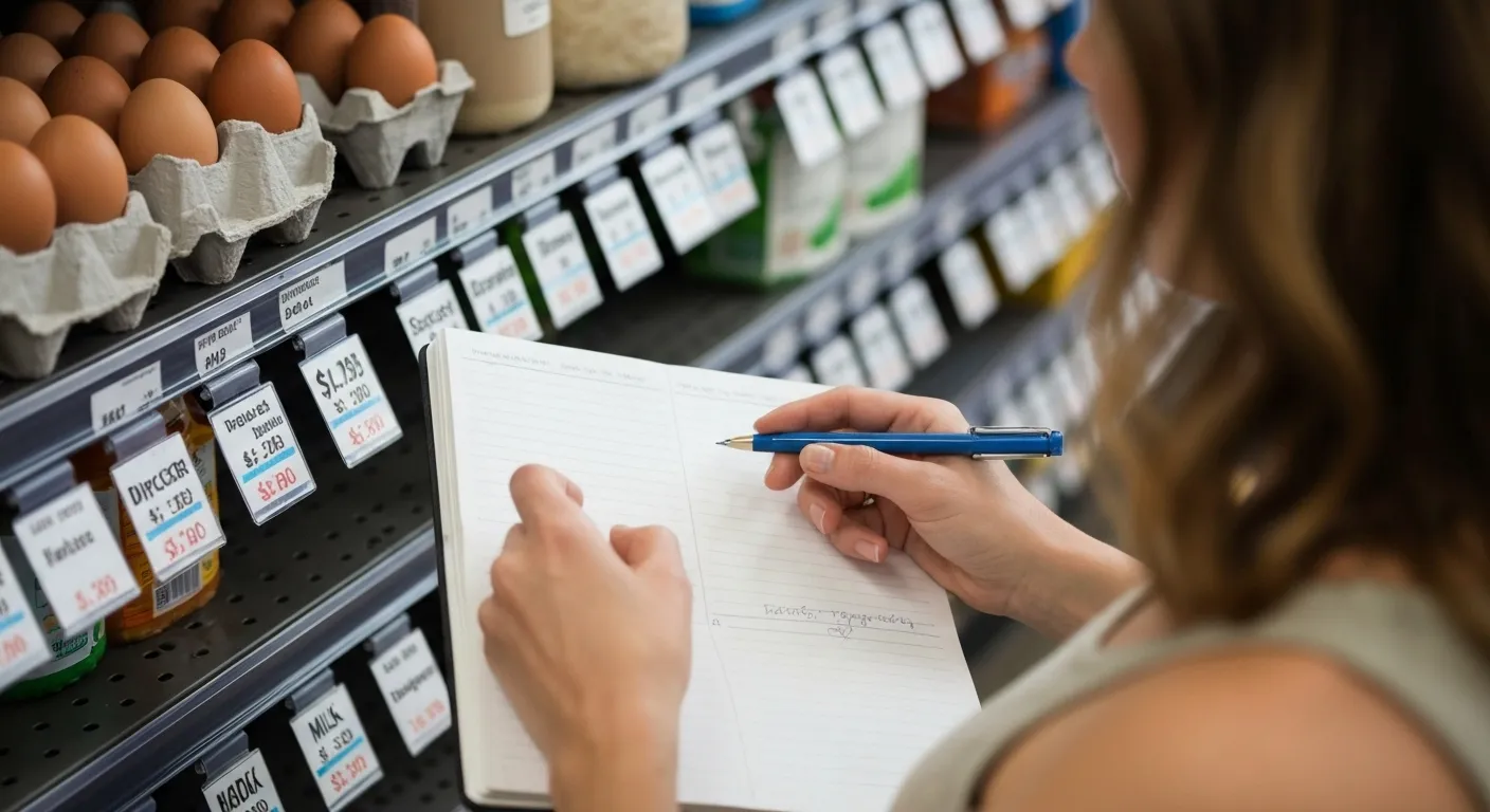 A woman compares prices of groceries in a notebook while shopping at a discount supermarket.