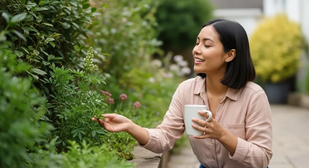 A woman stands proudly in the garden of her single-story home, smiling contentedly.