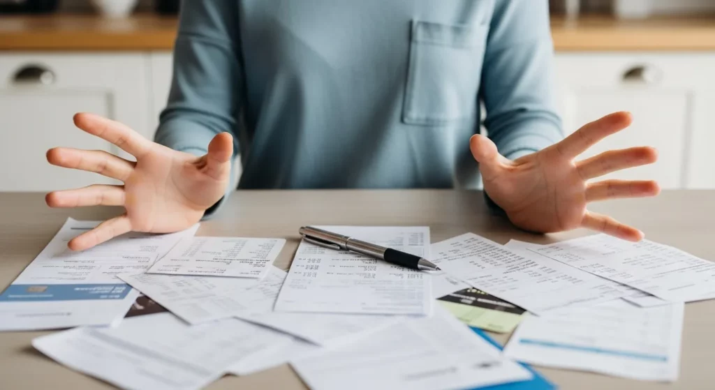 A woman's hands rest on a kitchen table strewn with credit card statements and financial papers.