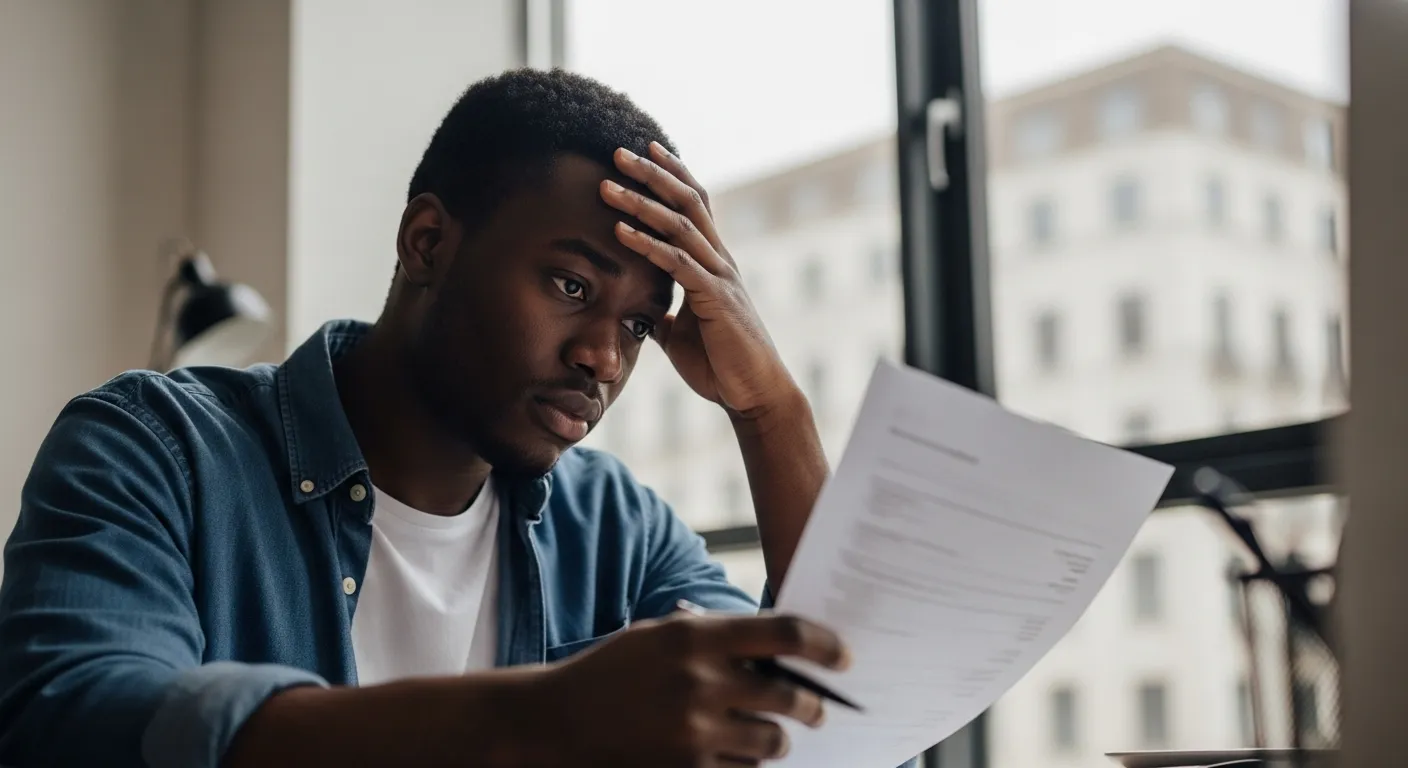 A person sits at a desk, surrounded by stacks of paperwork, with a concerned expression on their face.