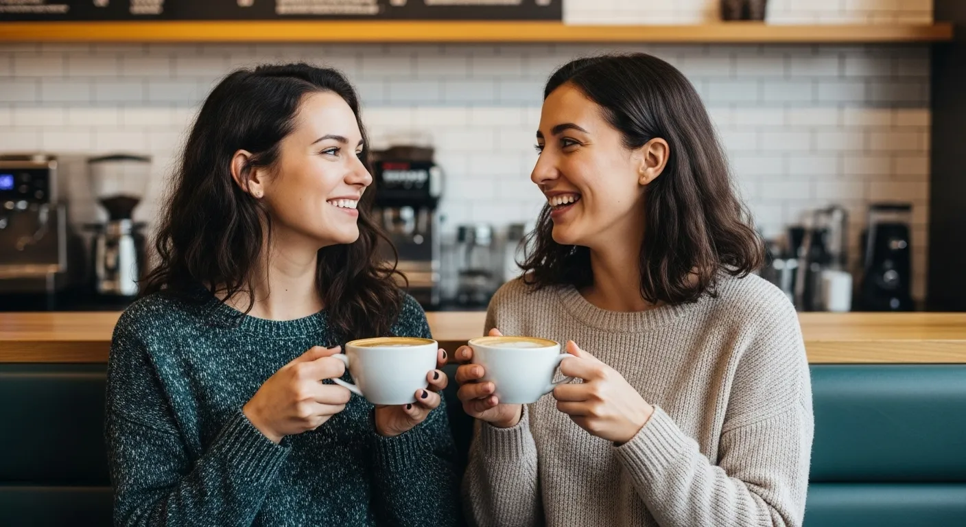 Two women are seated at a coffee shop table, amicably discussing their shared Netflix account.
