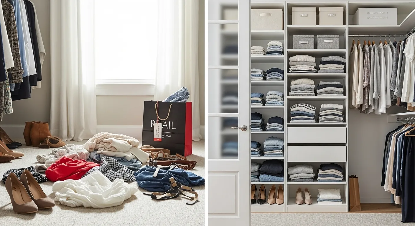 A woman examines a pile of receipts, a look of realization on her face, surrounded by overflowing closets and shelves filled with various items.