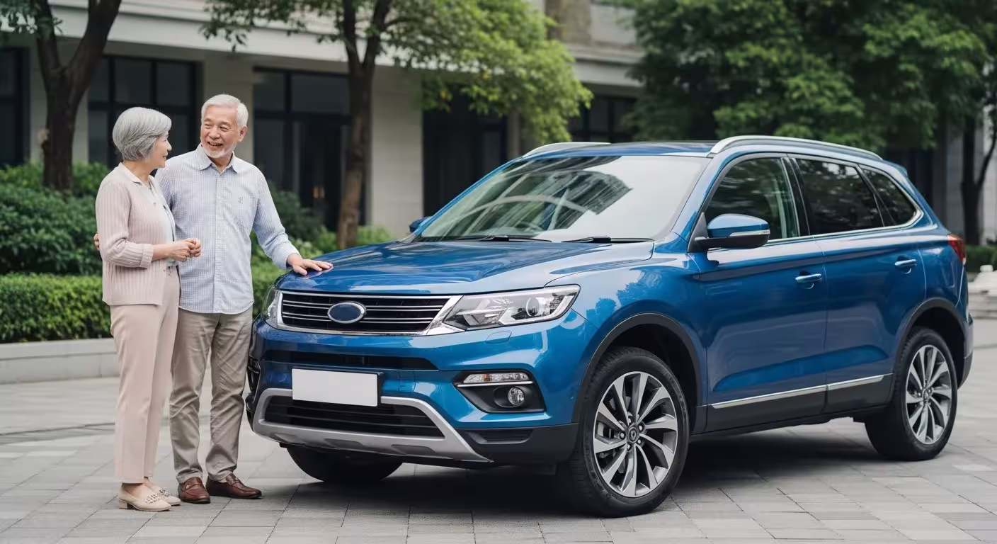 An older man and woman stand proudly beside a new blue SUV, smiling at the camera.