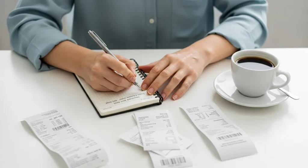 A woman sits at a kitchen table, a small notebook and pen in front of her, surrounded by receipts.