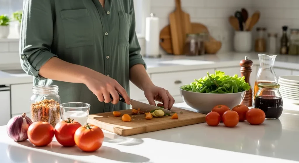 A woman sits at her kitchen table, surrounded by a variety of healthy, home-cooked meals and a book.