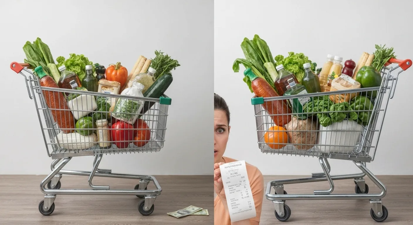 A collage of images depicting rising prices of everyday goods, a graph showing an upward trend in inflation, and a person looking worried at a receipt.