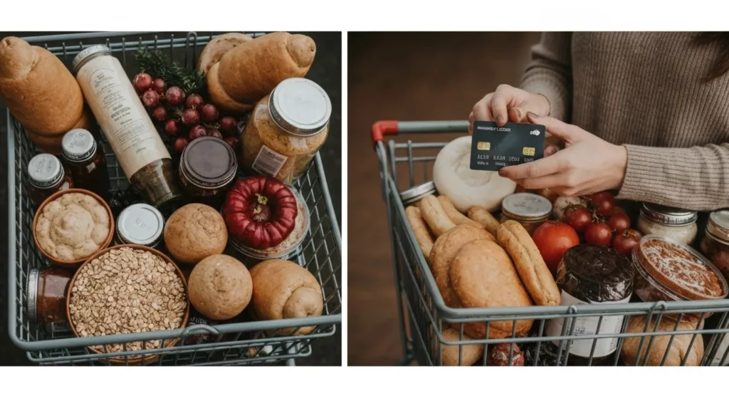 A woman smiles while holding a rewards credit card in a well-stocked grocery store, surrounded by holiday-themed food items.