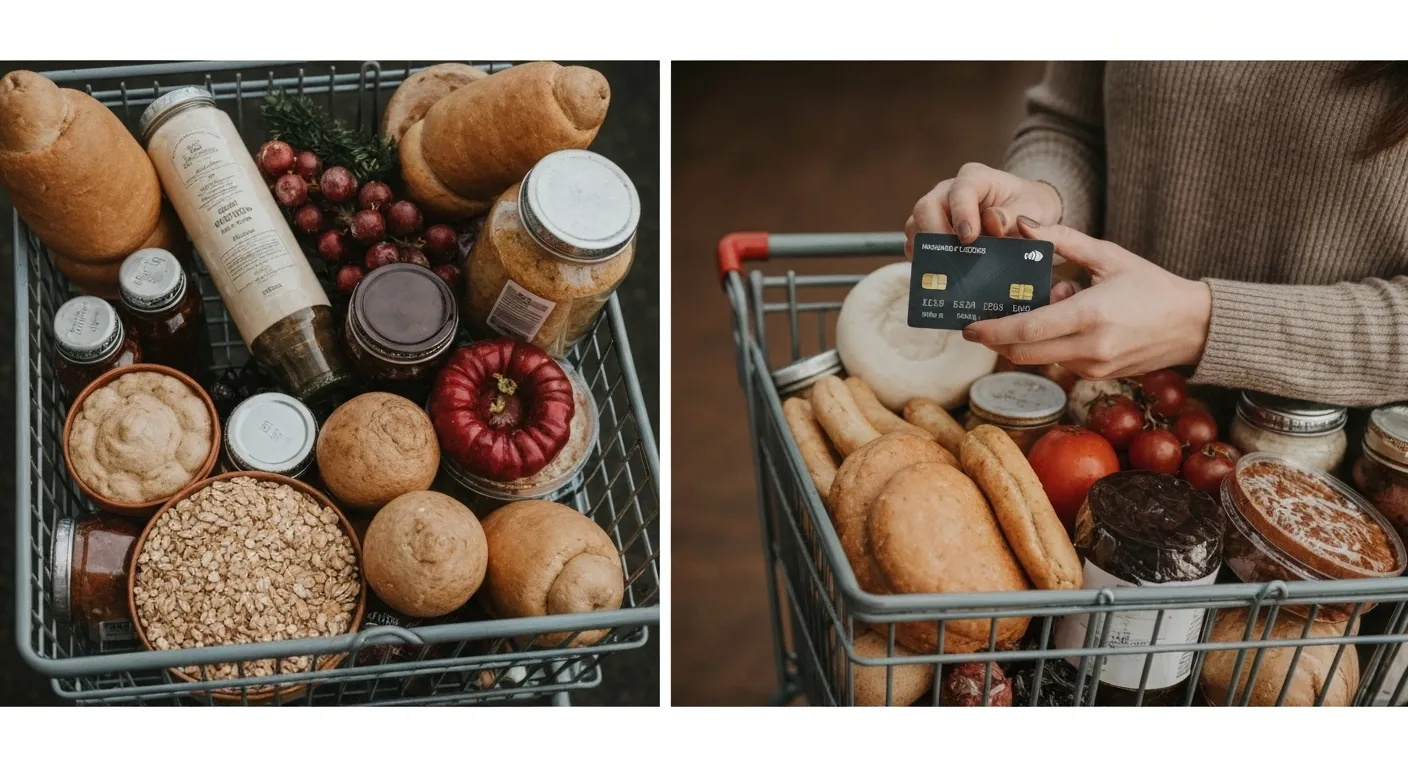 A woman smiles while holding a rewards credit card in a well-stocked grocery store, surrounded by holiday-themed food items.