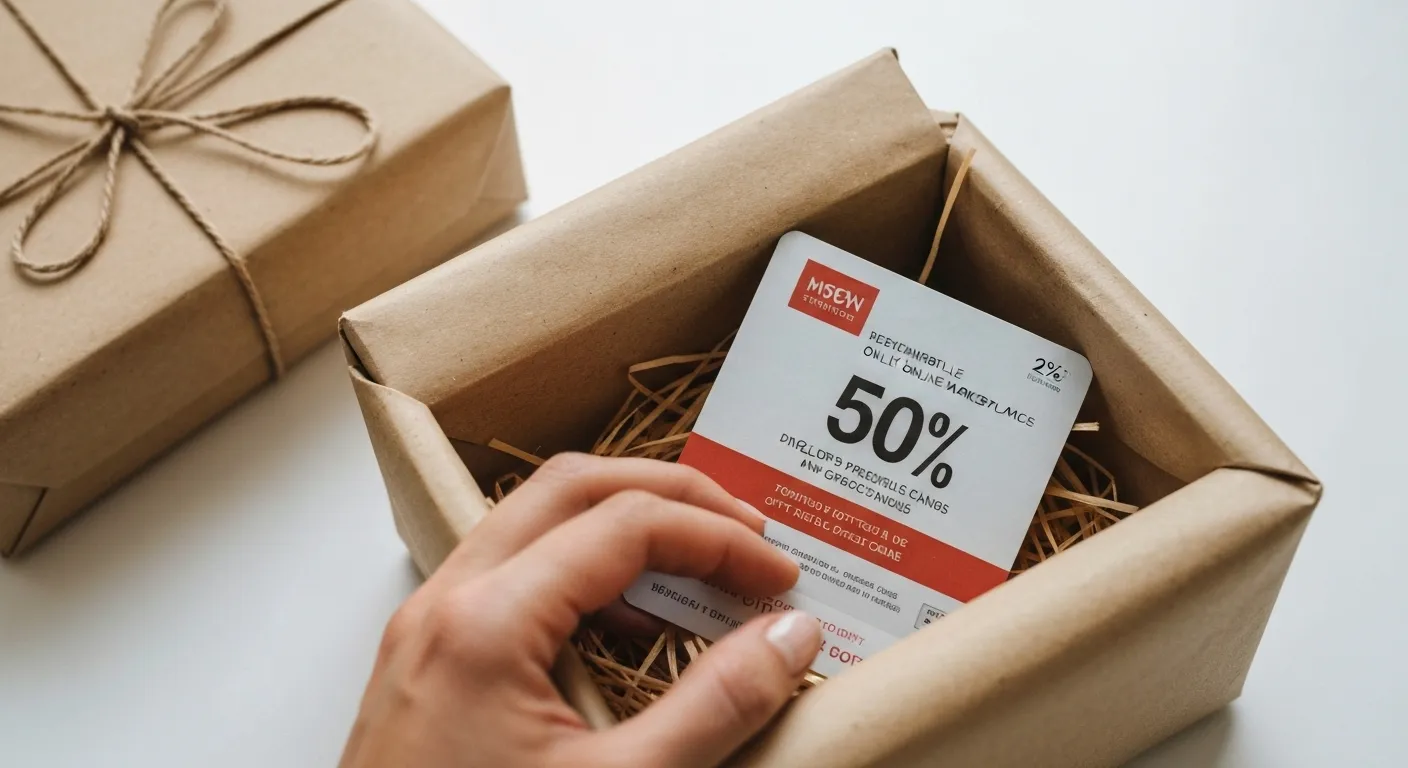 A woman holds a discounted gift card and a handwritten card, ready to give it as a present.