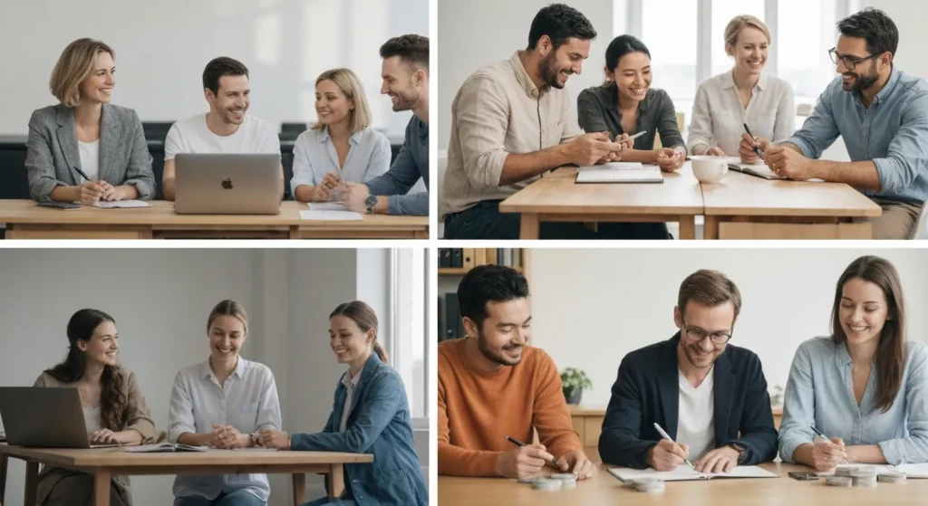 A photograph depicting diverse individuals engaged in various activities representing aspects of the US economy, such as working, shopping, and managing finances.