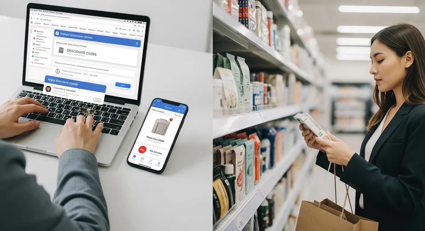 A person uses a laptop and smartphone to find and apply online coupons and track prices, while also checking a clearance rack in a store.