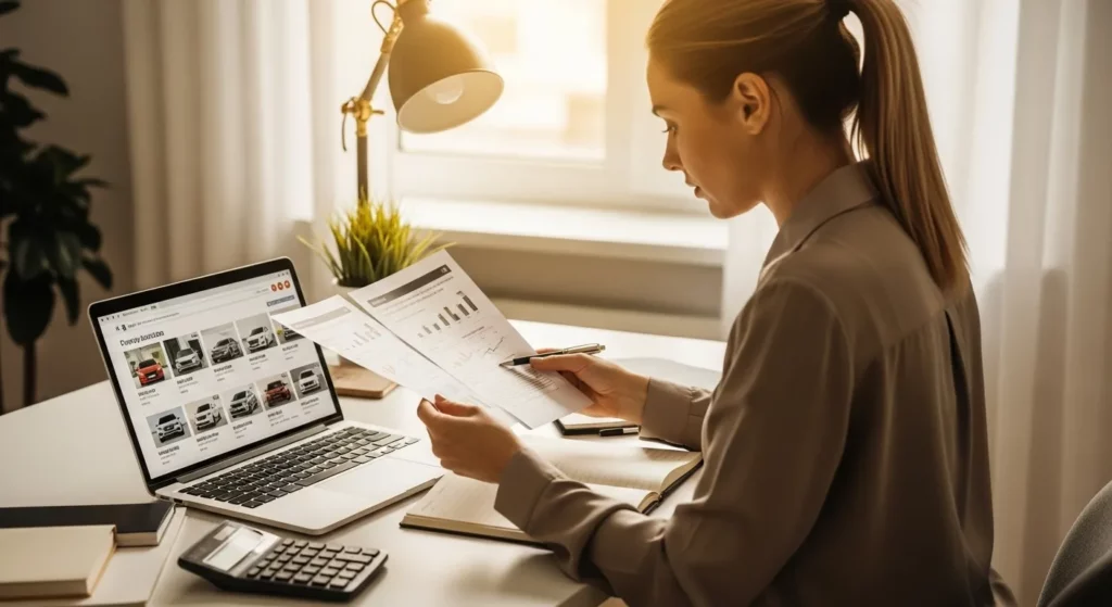 A person sits at a desk reviewing paperwork, a calculator, and a laptop showing a car comparison website.