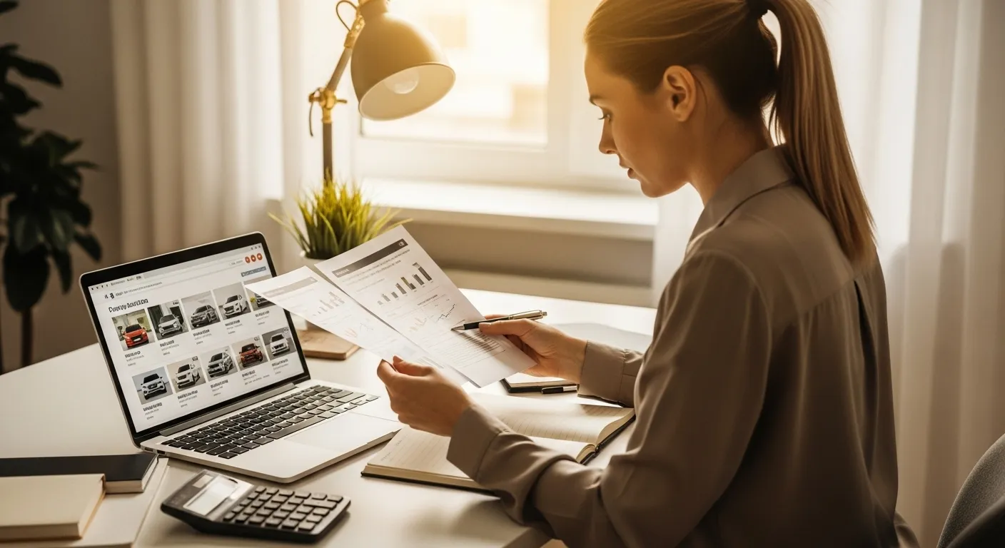 A person sits at a desk reviewing paperwork, a calculator, and a laptop showing a car comparison website.