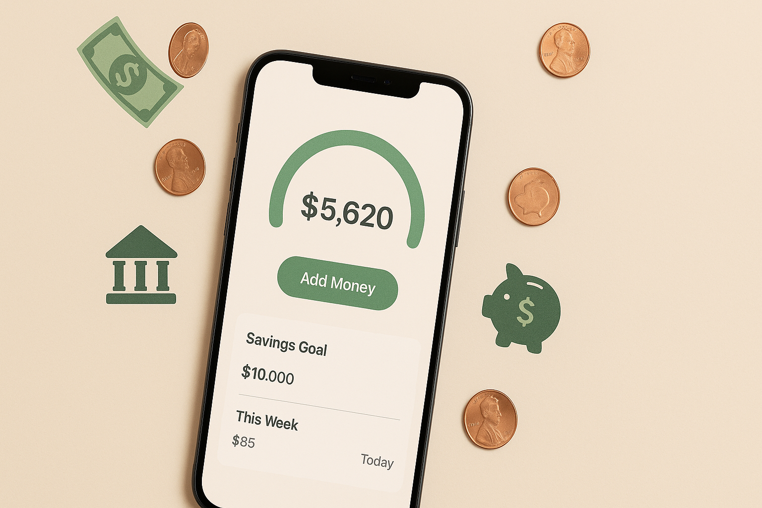 A smartphone displaying a savings app interface with a $5,620 balance and a $10,000 goal, surrounded by coins, dollar bill icons, and finance-related symbols on a beige background.
