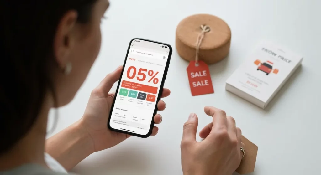 A person uses a smartphone to compare prices of a product shown with a discounted price tag in a store.