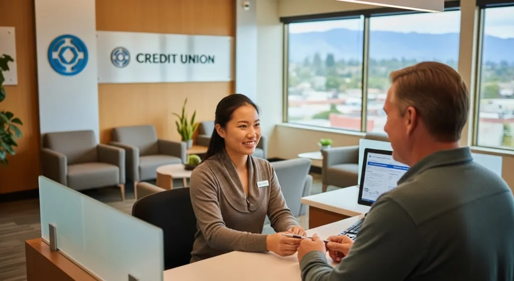 A woman smiles while sitting at a desk in a credit union, speaking with a friendly employee.